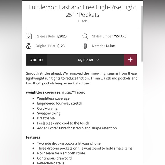 LULULEMON Fast And Free 2023 New Version Pockets size 10 Black Leggings 25 in - Picture 2 of 7